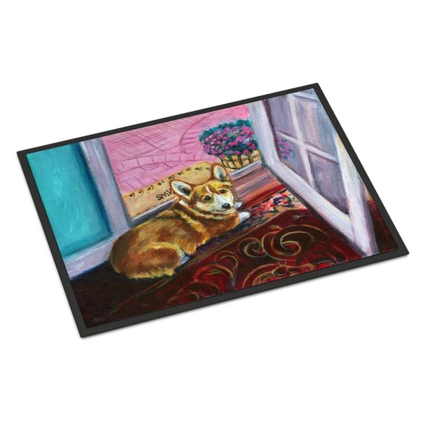 Carolines Treasures 24 x 36 in. Corgi Watching from the Door Indoor or Outdoor Mat 7410JMAT - main